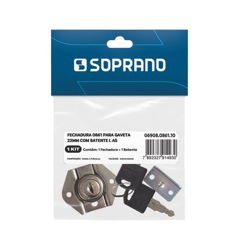 Fechadura para Gaveta 22mm + Batente 0861 1 peça - Soprano