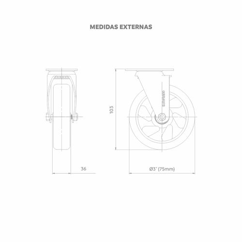 Rodízio Semi Ind 3" 75mm s/Freio 100Kg Giratório - Soprano