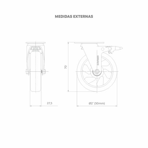 Rodízio Semi Ind 2" 50mm c/Freio 80Kg Giratório - Soprano