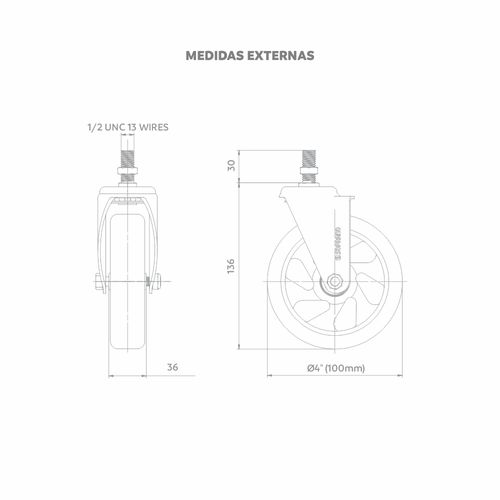 Rodízio Semi Ind 4" 100mm 130Kg s/Freio c/Pino Rsc - Soprano