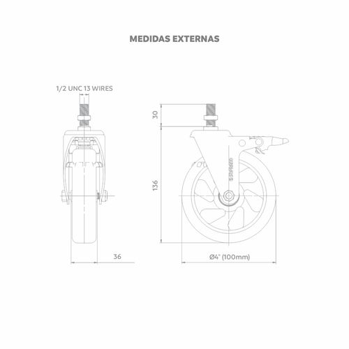 Rodízio Semi Ind 4" 100mm 130Kg c/Freio c/Pino Rsc - Soprano