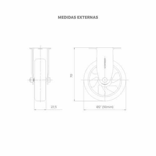 Rodízio Semi Ind 2" 50mm 80Kg com Base Fixa - Soprano