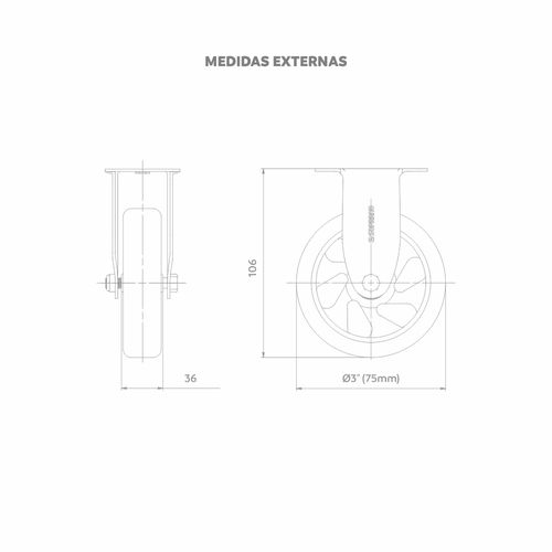 Rodízio Semi Ind 3" 75mm 100Kg com Base Fixa - Soprano