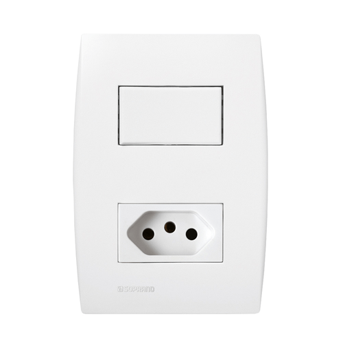 Conjunto 1 Interruptor Simples 10Ax + 1 Tomada 2P+T 10A 250V 4X2 Branco Ilus - Soprano