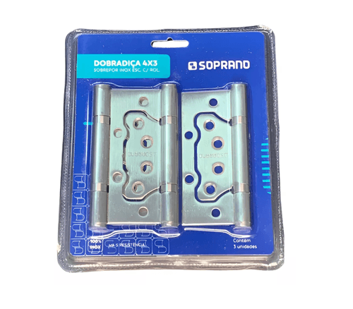 Dobradiça Média Sobrepor 4X3 Inox Escovado Com Rol Blister 3 Peças - Soprano