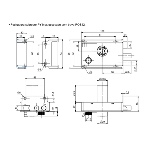 Fechadura Sobrepor PY ROS42 Bate e Trava Inox Polido - Soprano