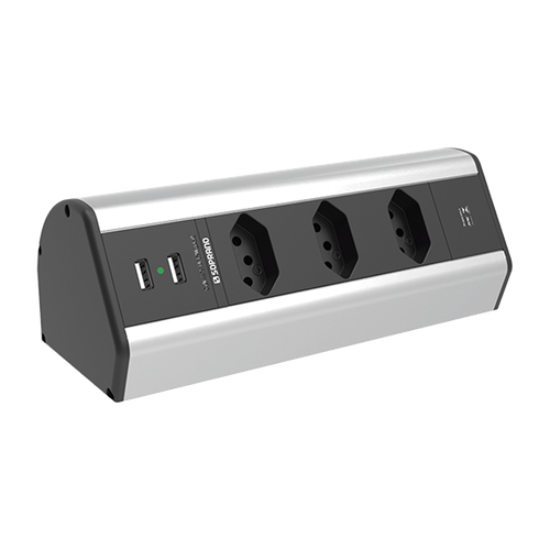 Caixa de Tomada Sobrepor Horizontal 3 Módulos de Tomada + 2 USB Prata - Soprano