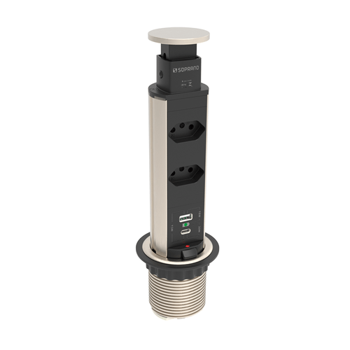 Torre de Tomada Embutir 2 Módulos Tomada +1 USB + USB-C Inox - Soprano