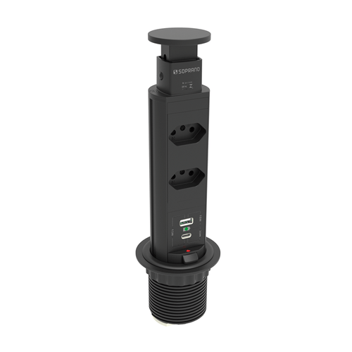 Torre de Tomada Embutir 2 Módulos Tomada +1 USB + USB-C Preto - Soprano