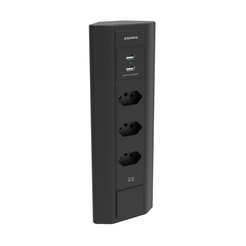 Caixa de Tomada Sobrepor Vertical 3 Módulos de Tomada + 2 USB Preto - Soprano