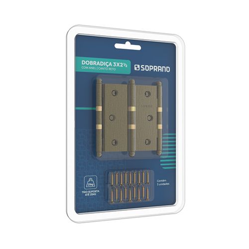 Dobradiça Média 3X2.1/2 Anel Reto Blister com 3 Antique Brass - Soprano